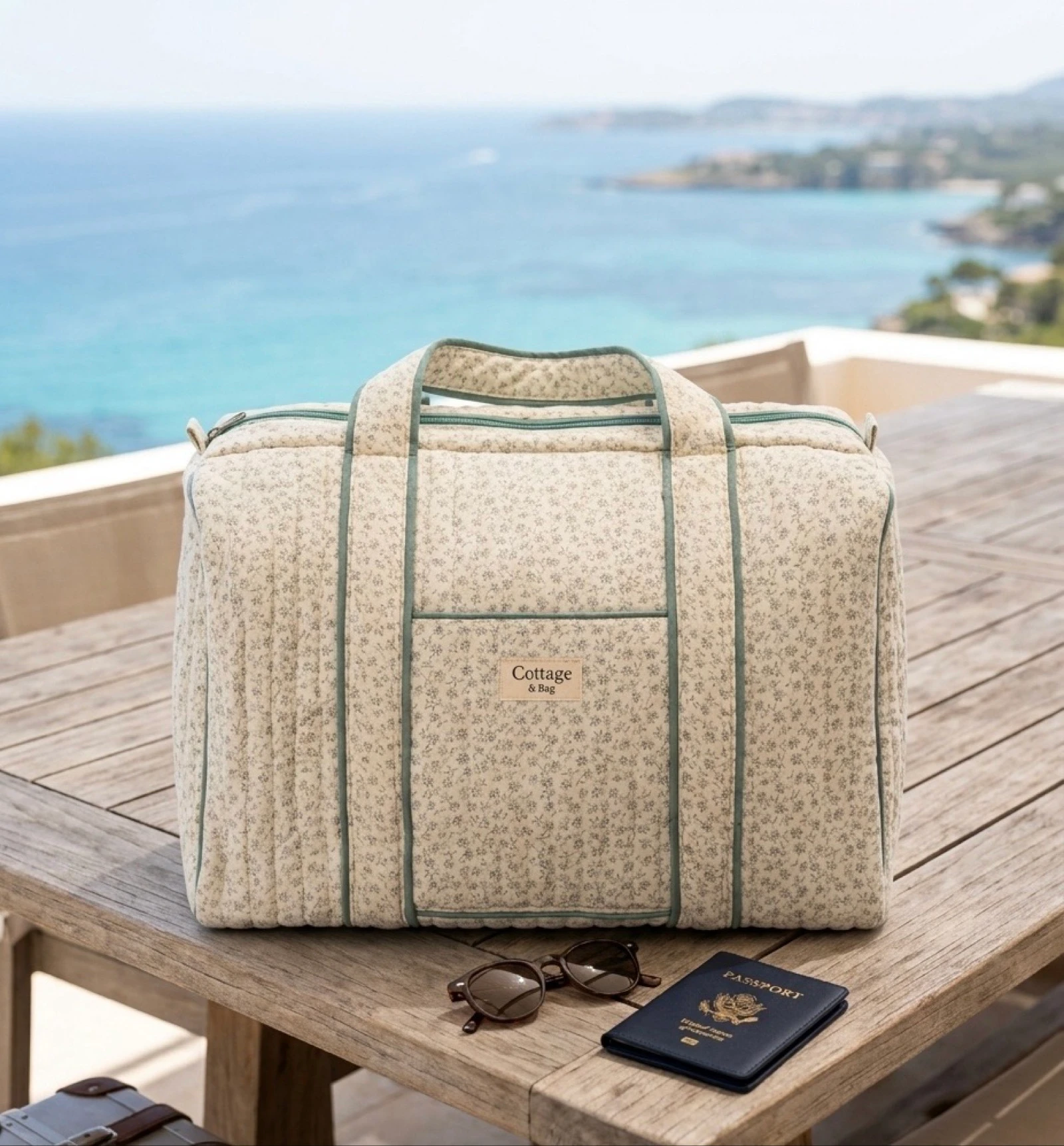 Sac de Voyage 100% Coton Collection Cottage & Bag / Modèle Champs de Fleurs Crème 